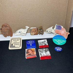 Assortment Lot of rare pins, matches and magnets